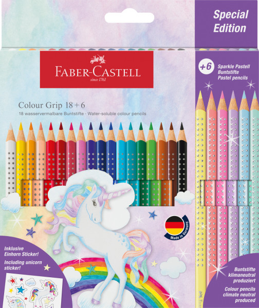 24 dünne & dreieckige FABER CASTELL Buntstifte Grip Einhorn