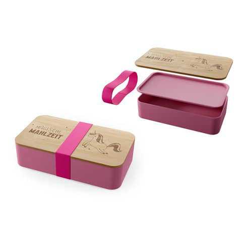 Brotbox Einhorn aus Plastik mit Bambus Brettchen individuell mit Name