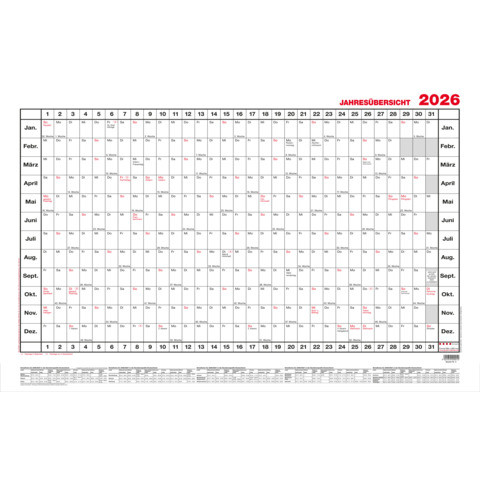 GÜSS Wandkalender mit Jahresübersicht 140x80cm 2026