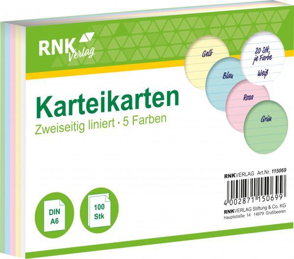 RNK Karteikarte A6 liniert 5 Farben 7mm 100 Stück