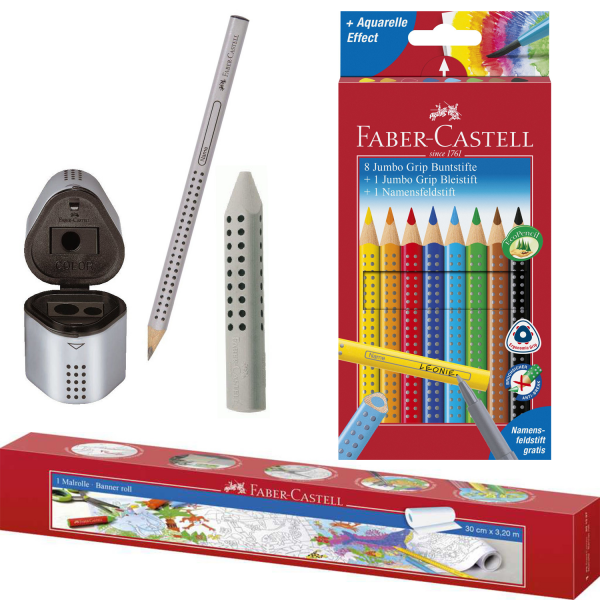 Geschenk Einschulung Faber-Castell dicke Buntstifte, Malrolle,Spitzer