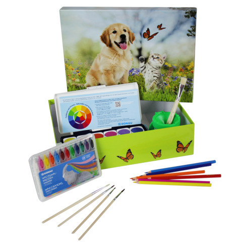 Malkiste, Bastelbox mit Deckel Hund & Katze