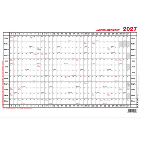 Wandkalender mit Jahresübersicht A3 quer 1 Tag 1 Seite