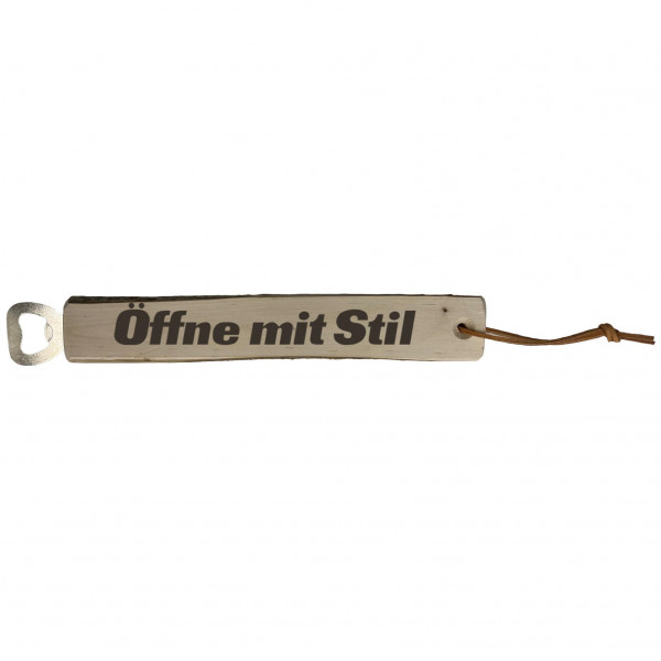 Flaschenöffner flach Erle mit Rinde und Lederband 30 cm personalisierbar