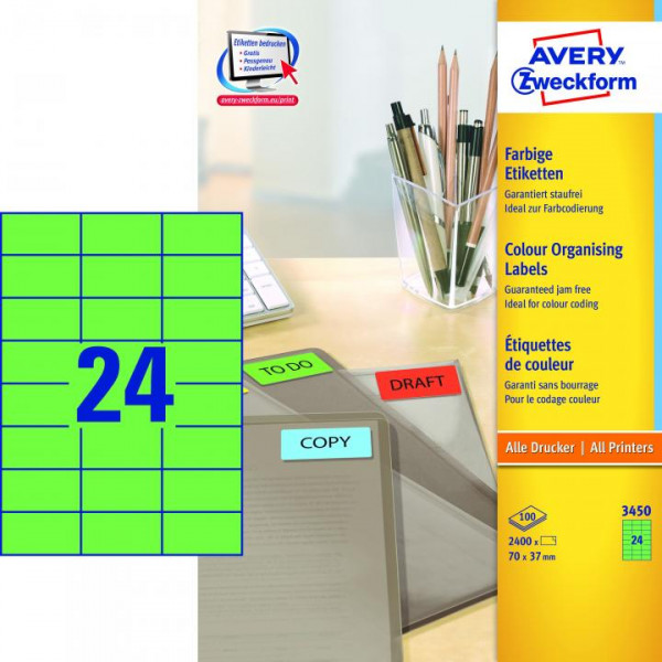 Avery Zweckform 3450 Farbige Etiketten 70 x 37 mm, 100 Blatt grün