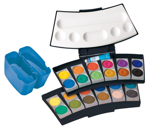 PELIKAN Farbkasten 24 Farben inkl. Wasserbox, Deckweiß + Pinsel schwarz/blau