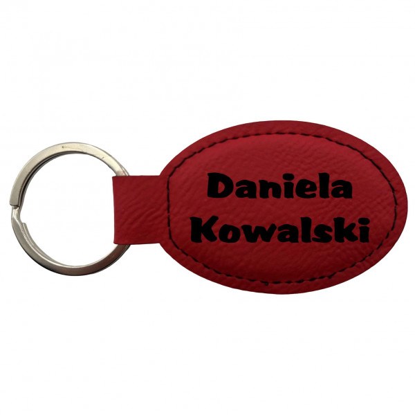 Schlüsselanhänger Kunstleder oval rot personalisierbar in schwarz