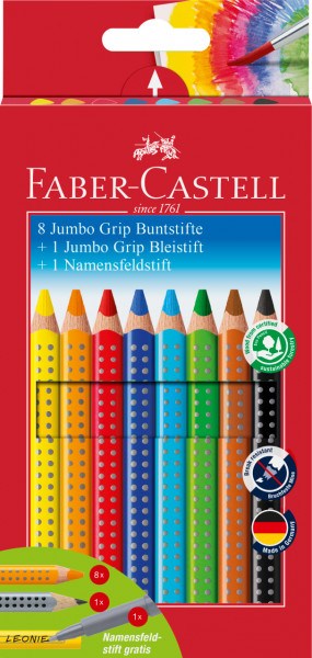 Faber-Castell 8 dicke Jumbo GRIP Buntstifte, Bleistift + Namensfeldstift