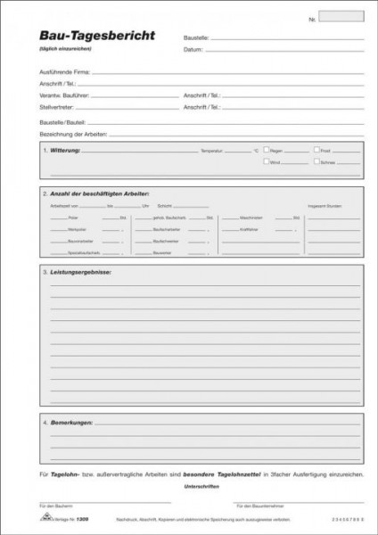 RNK 1309 Bau Tagesberichtsblock