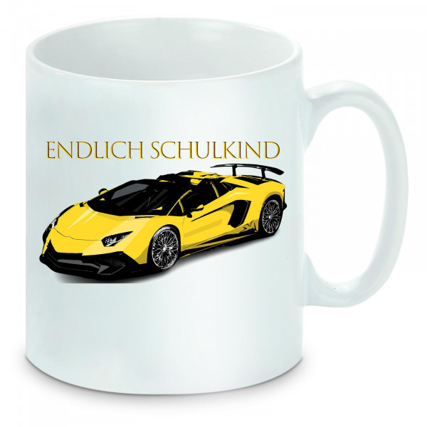 Tasse einfarbig Schule - Schulstart Endlich Schulkind Rennauto gelb