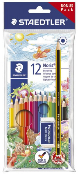 Staedtler Buntstifte 12 Stück Bonus Paket inkl. Radiergummi und Bleistift sechseckig