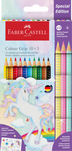 13 dünne,dreieckige Buntstifte FABER CASTELL Grip Einhorn