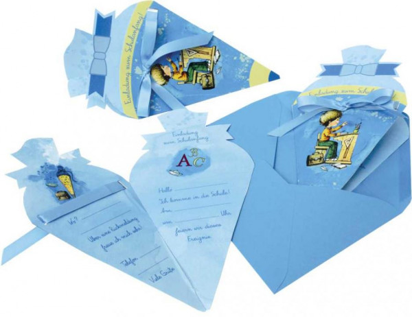 Einladung Schulanfang Schultüte blau 
