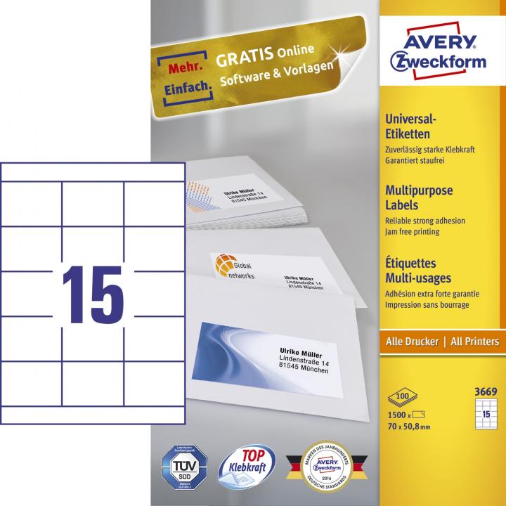AVERY Zweckform Universal Etiketten 70 x 50,8 mm weiß 1.500 Etiketten