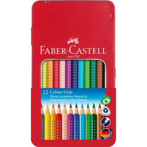 12 Buntstifte FABER CASTELL, Gravur möglich, Metalletui rot personalisierbar