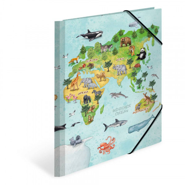 Sammelmappe A4 Tiere der Welt Pappe mit Gummizug, Register und Namensfeld