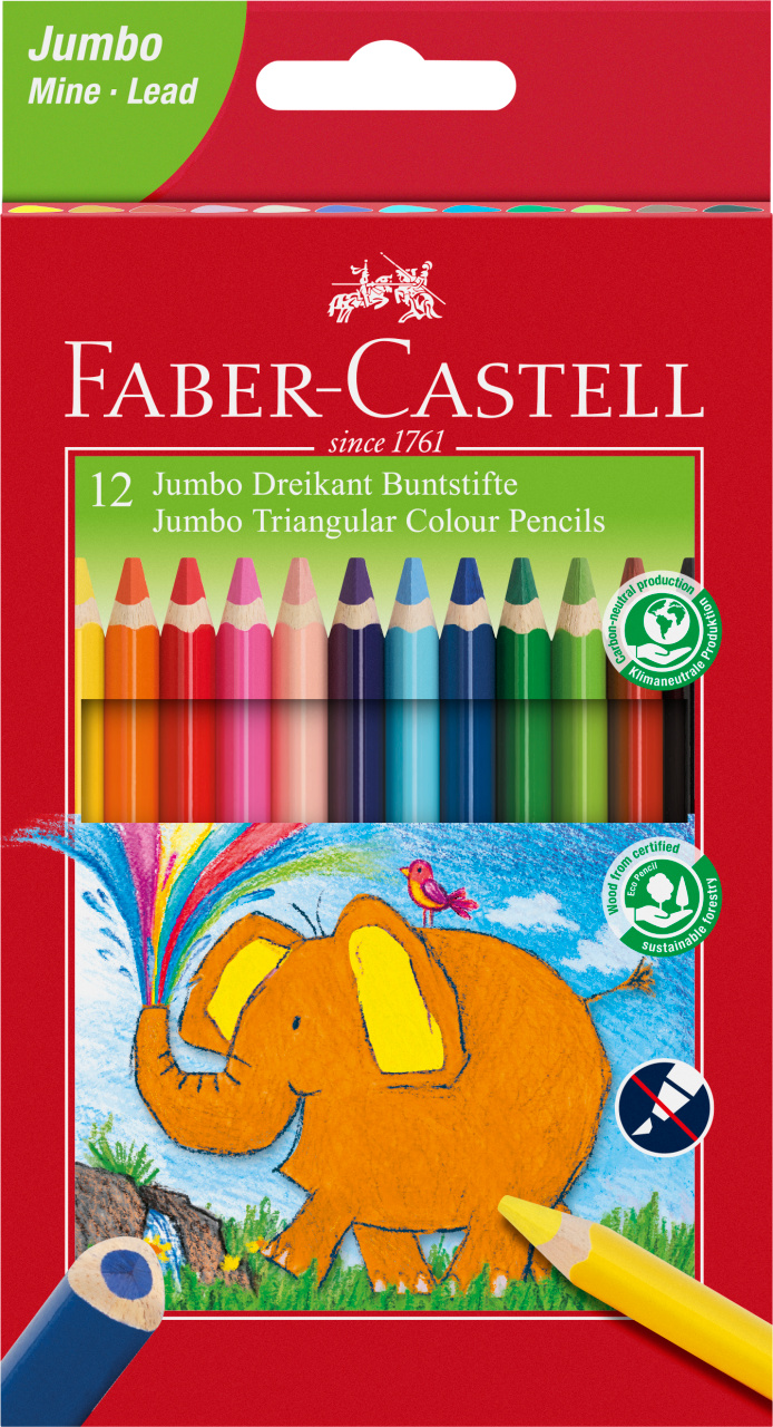 Faber-Castell Jumbo Farbstifte – 12 Leuchtende Farben, Dicker Jumbokörper
