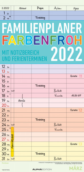 Familienplaner Farbenfroh 2022 4 Spalten