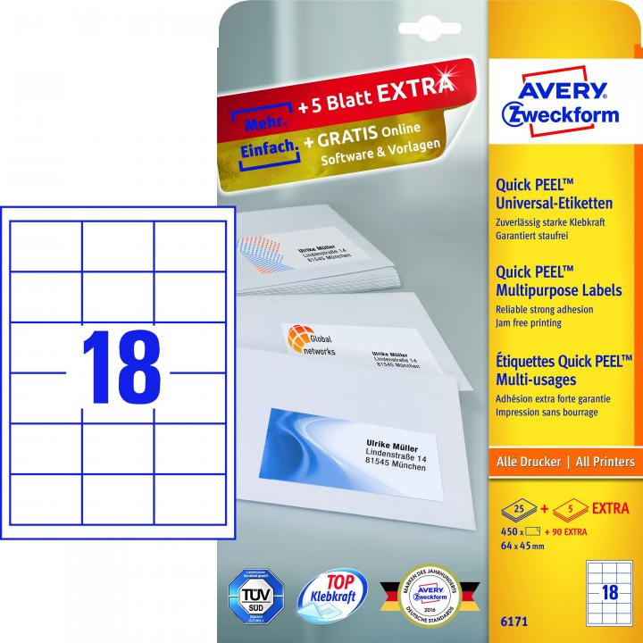 Universaletikett AVERY Zweckform 06171 64,0 x 45,0 mm Weiß A4 Papier Drucker I//