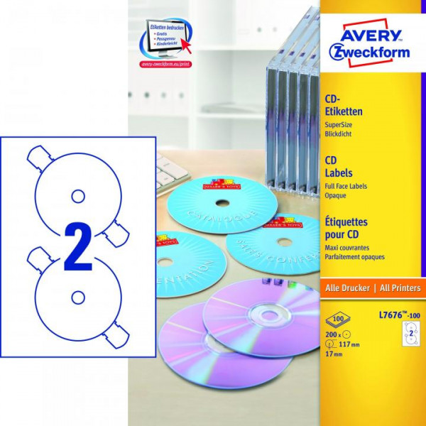Avery Zweckform L7676-100 CD-Etiketten Ø 117 mm 100 Blatt 200 Etiketten weiß