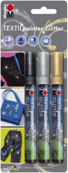 Stoffmalstift-Set-3tlg-Glitter-fuer-helle-und-dunkle Textilien