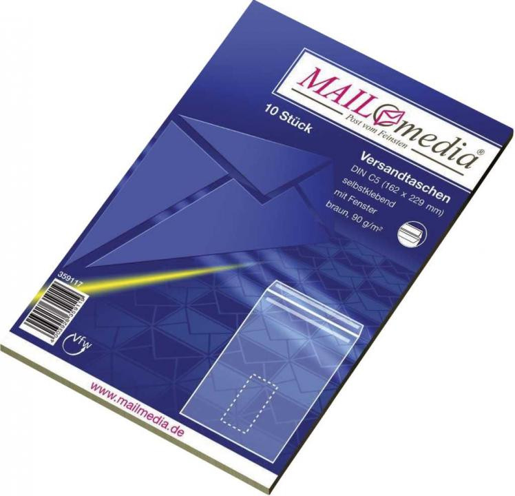 Versandtaschen C5 mit Fenster, selbstklebend, 90 g/qm, braun, 10 Stück