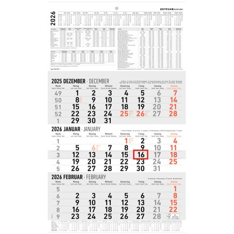 3 Monats Kalender | 30x 49 cm